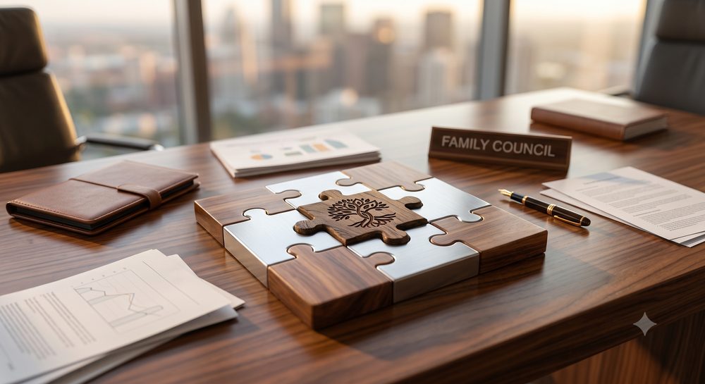 Wooden jigsaw puzzle on an executive desk showing a family tree, representing family governance