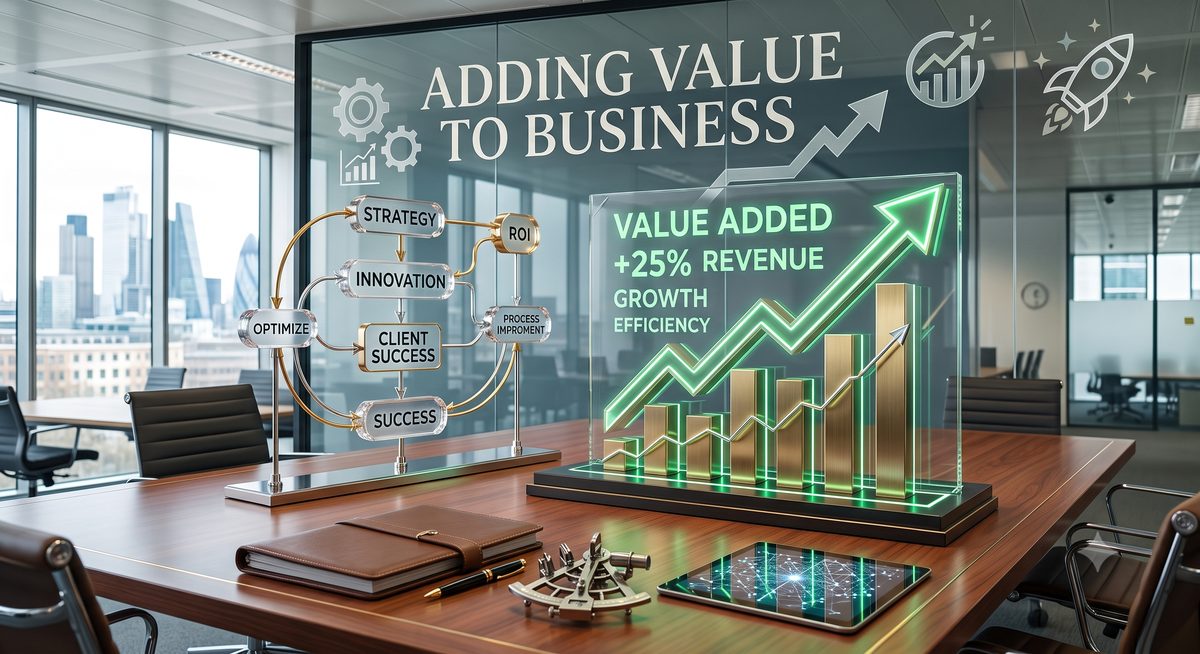 Business strategy analytics showcasing value addition and ROI growth on a transparent board