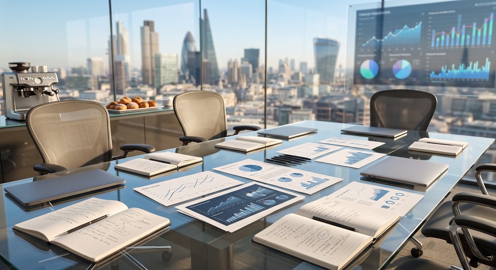 Corporate boardroom overlooking city skyline with digital analytics dashboards