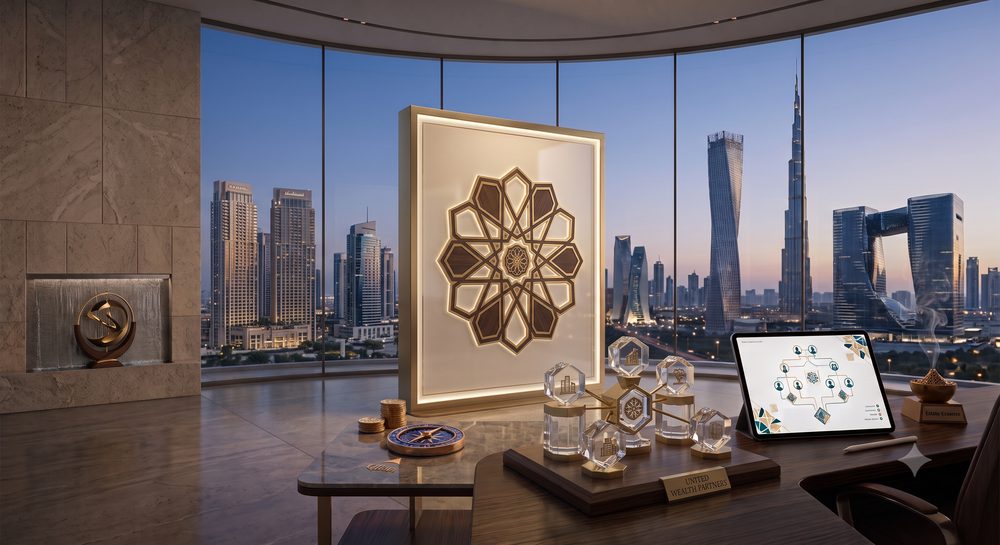 Luxurious Dubai office setting illustrating Islamic Shariah-aligned asset division with geometric art